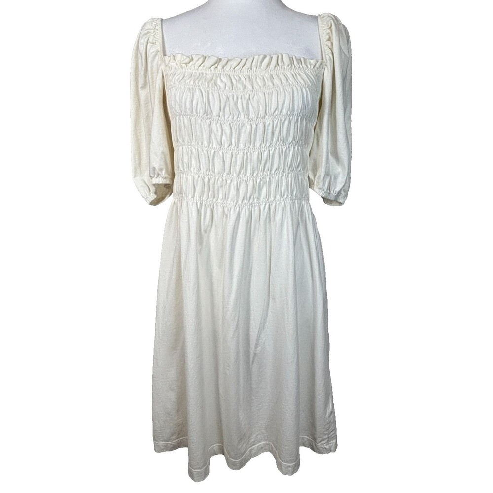 Ivory Puff Sleeve Smocked Cotton Midi Dress Sz S Milkmaid Cottagecore Romantic